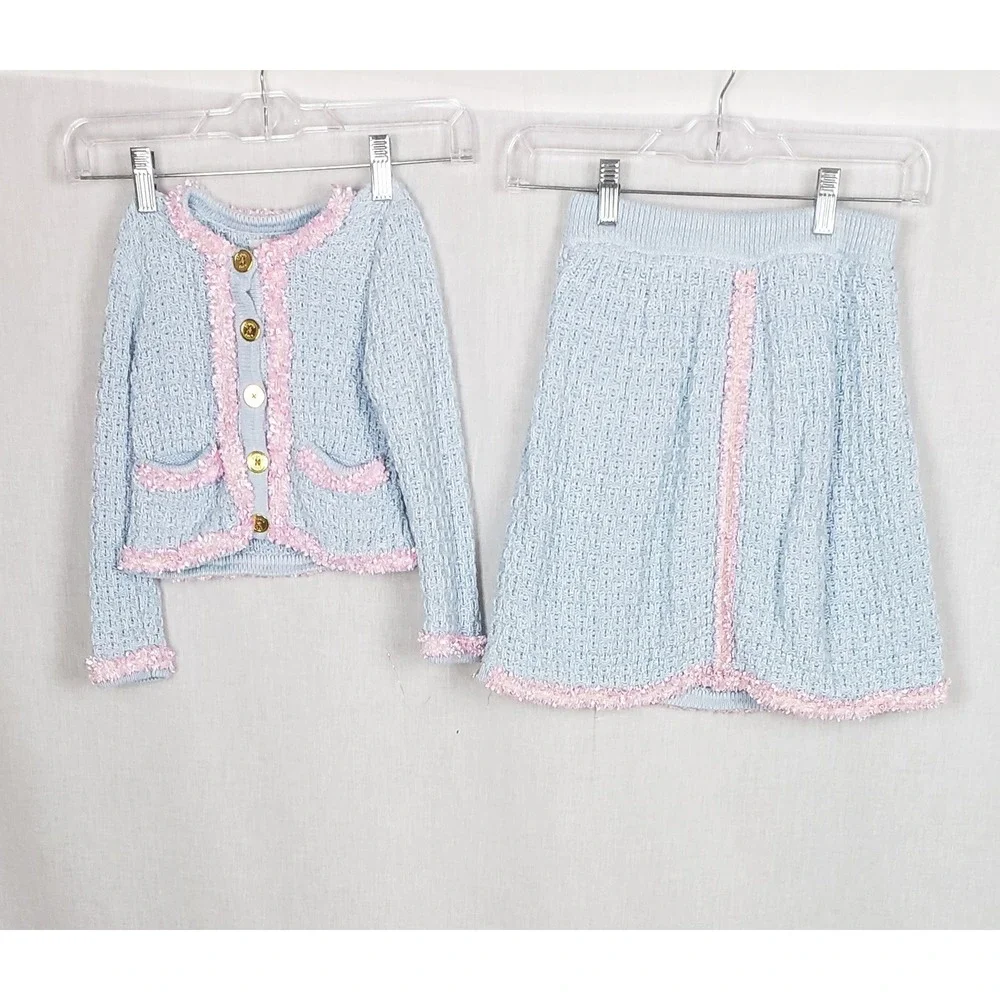 Angel's Face Baby Blue Pink Trim Knit Cardigan Skirt Set 3T 4T Easter Sunday‎